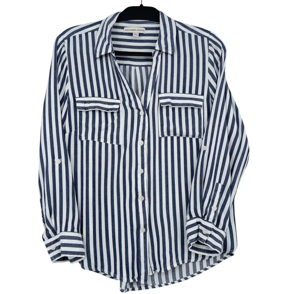 Alexander Jordan Button Down Women XL 100% Rayon Blue White Striped‎